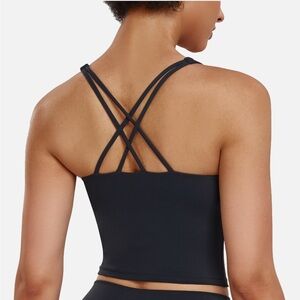 NWT AGONVIN Large Strappy Back Cropped Black Padded Tank Top Yoga Sports Bra